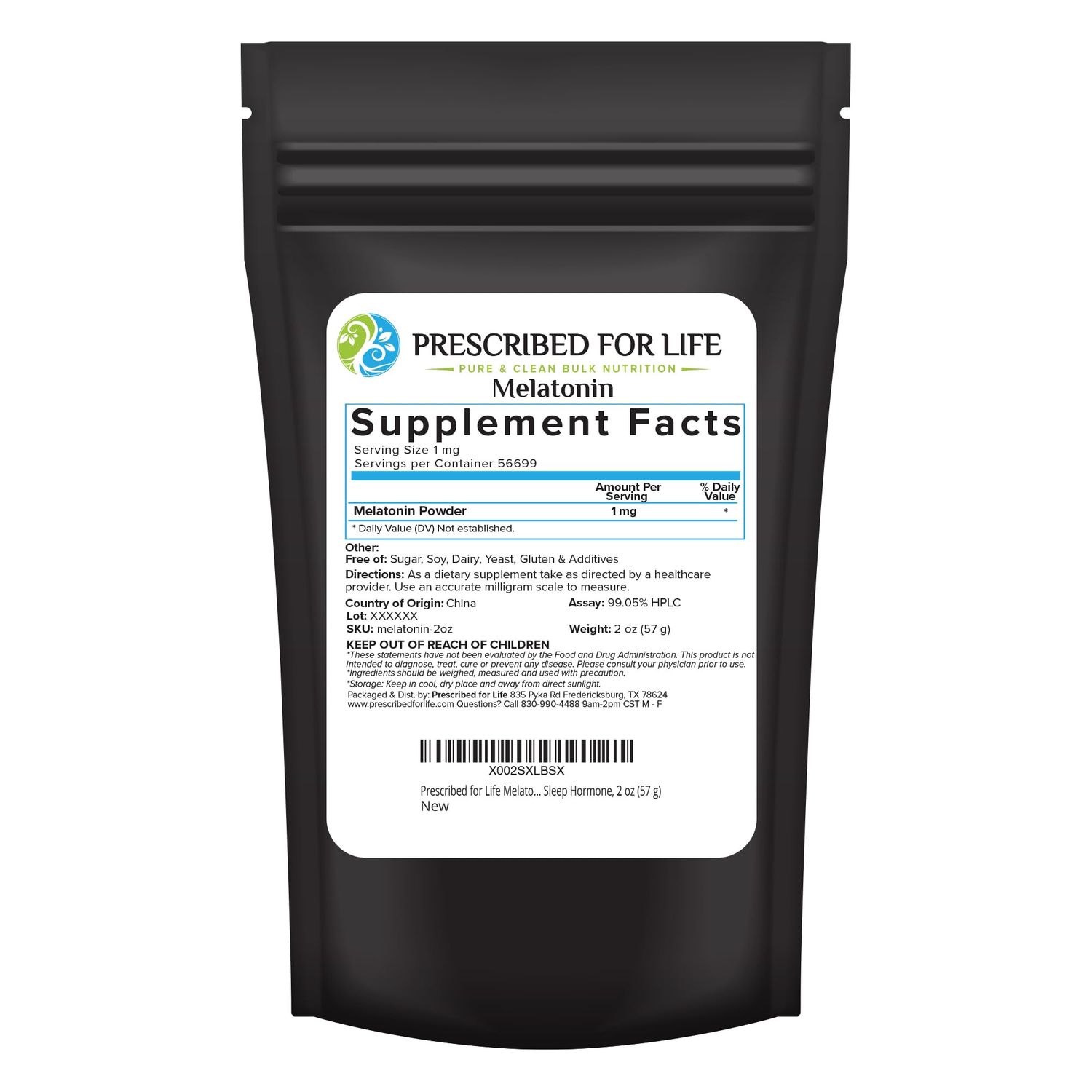 Prescribed For Life Melatonin Powder, Natural Melatonin for Adults, Rich in Antioxidants, Gluten Free, Vegan, Non GMO, Kosher, No Fillers (2oz 56g)