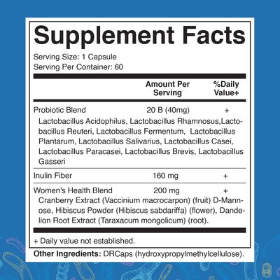 Vitamatic Vaginal Probiotics 20 Billions for Women pH Balance Odor Control with Prebiotics Probiotics 60 DR Capsules - Made with Cranberry, D-Mannose, Hibisucs Dandelion