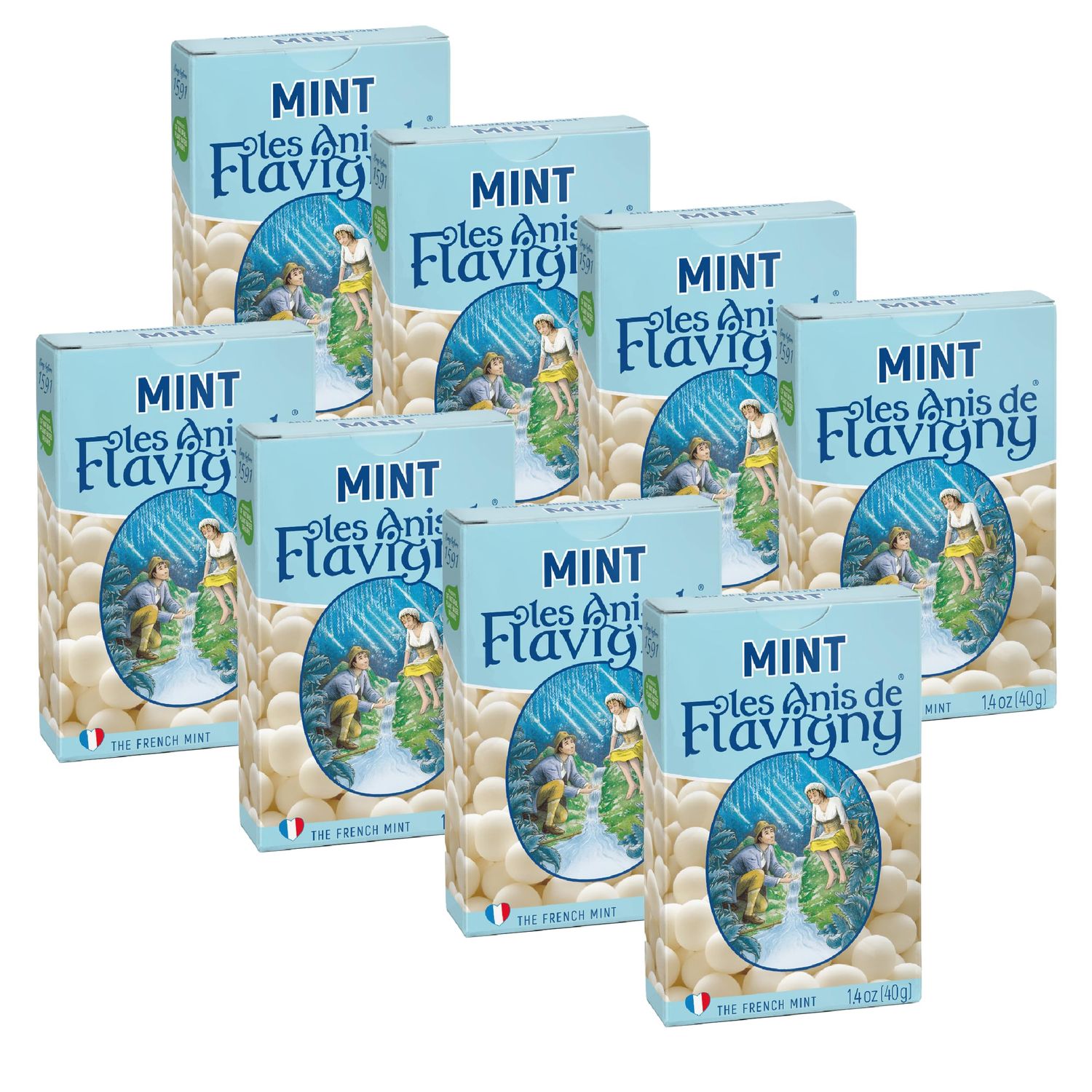 Les Anis de Flavigny Candy Mints, The French Mints, Vegan, Non-GMO, Made in France, Mint Flavor, 40g Box, 8-Pack