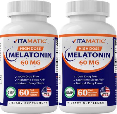 Vitamatic Melatonin 60 mg Fast Dissolve Tablets - 60 Vegan Natural Berry Flavor Tablets - Non-Habit Forming - Non-GMO, Gluten Free (2 Bottles)