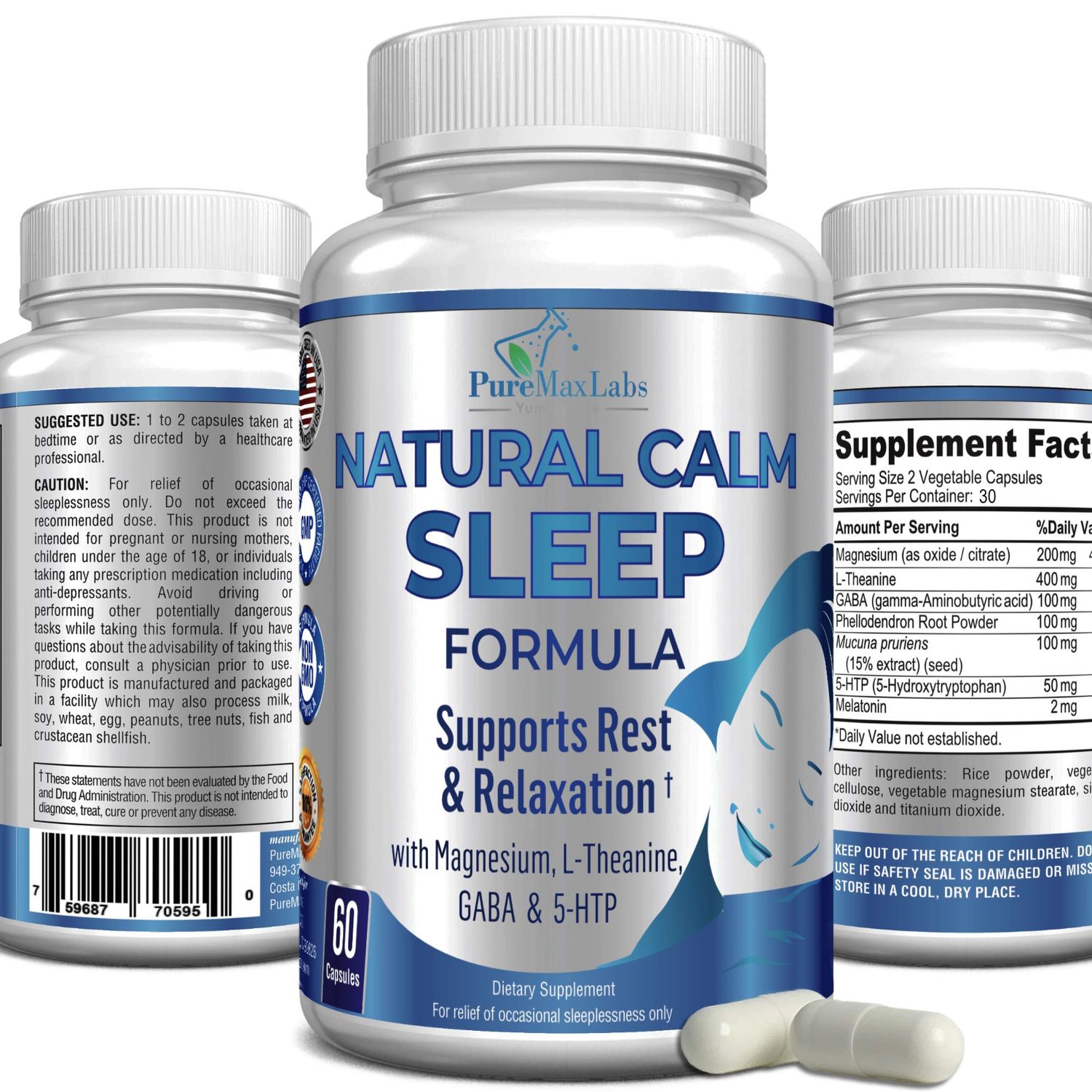 YUMMYVITE Natural Calm Sleep Aid with Magnesium, L-Theanine, Melatonin, GABA, 5-Htp Sleep Aid Non-GMO - 60 Capsules
