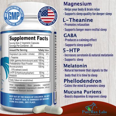 YUMMYVITE Natural Calm Sleep Aid with Magnesium, L-Theanine, Melatonin, GABA, 5-Htp Sleep Aid Non-GMO - 60 Capsules