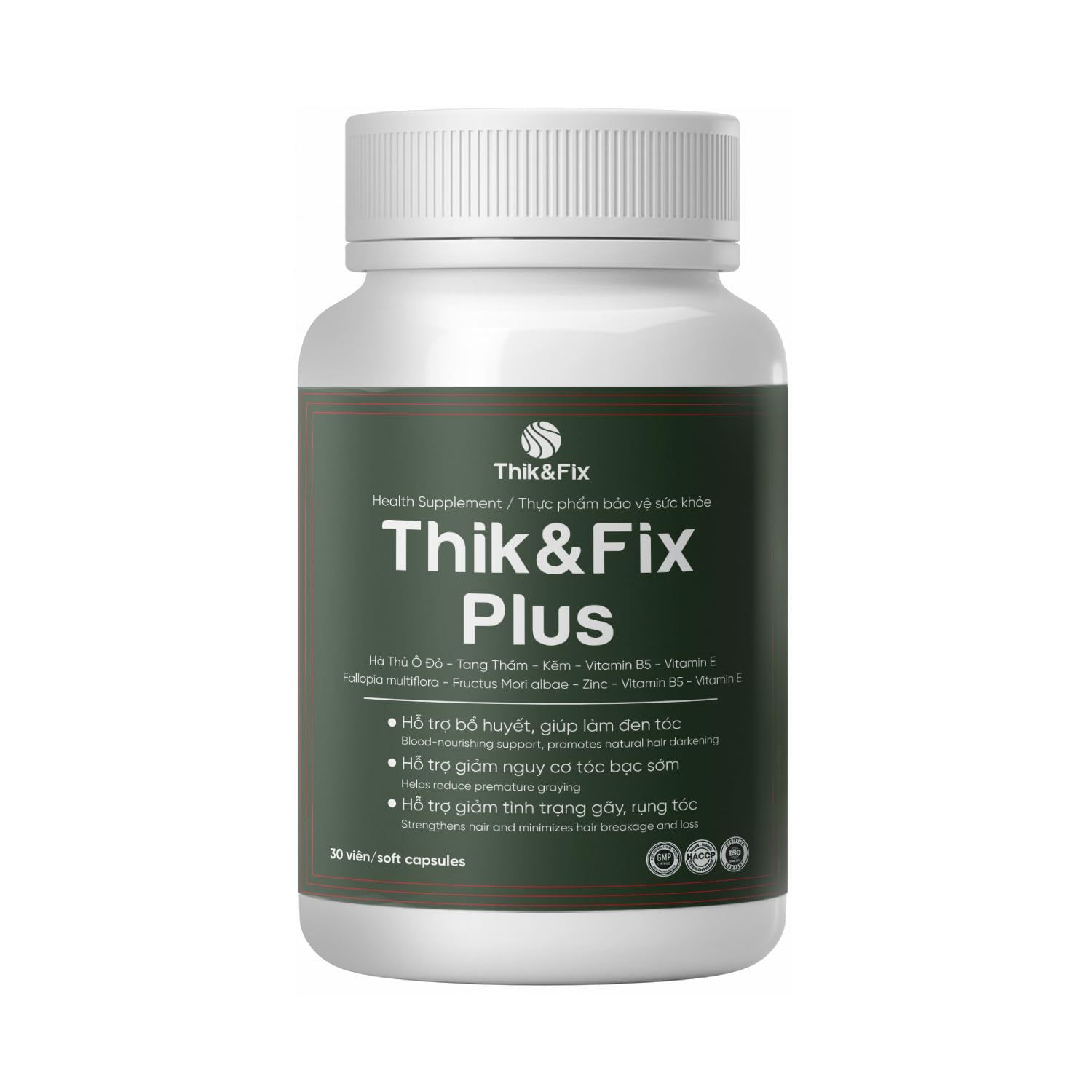 ThikFix Plus Natural Hair Nutrition Supplement for Men Women with Natural Herbs, Vitamin E B5, Zinc, Potent Formula for Greying Thinning Hair, Grow Healthy Hair - 30 Capsules (Softgel)