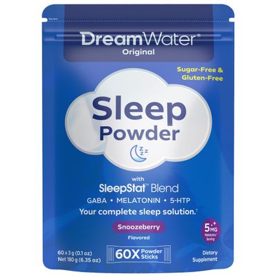 Dream Water Sleep Powder - Sugar-Free, Gluten-Free, Natural Flavors; Blend of 3 Ingredients, GABA, 5mg Melatonin, 5-HPT; Snoozeberry, 60-Count