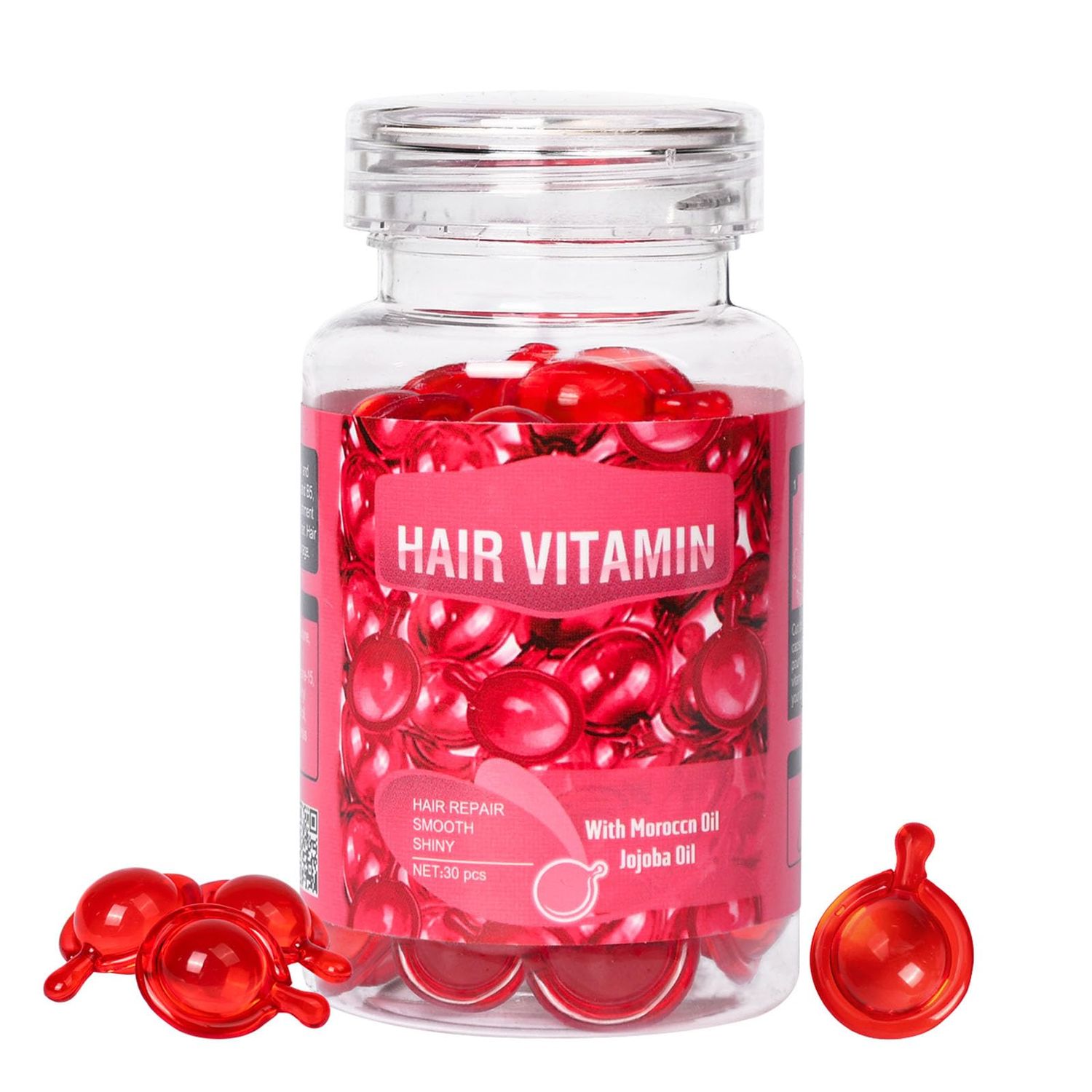 Hair Treatment Capsules, No Rinse, Enriched with Moroccan Oil, Vitamins A C E and Pro Vit B5 for Moisturizing, Anti-Frizz and Repair Maintenance (30 Capsules, Red)