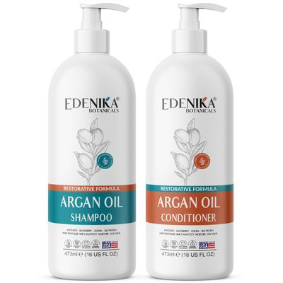 Edenika Botanicals Argan Oil Shampoo Conditioner with Biotin and Silk Protein, Deep Hair Hydrating Nourishing, Sulfate-Free, Repairs Dry Damaged Hair, Adds Shine Detangles, 16 fl oz Each