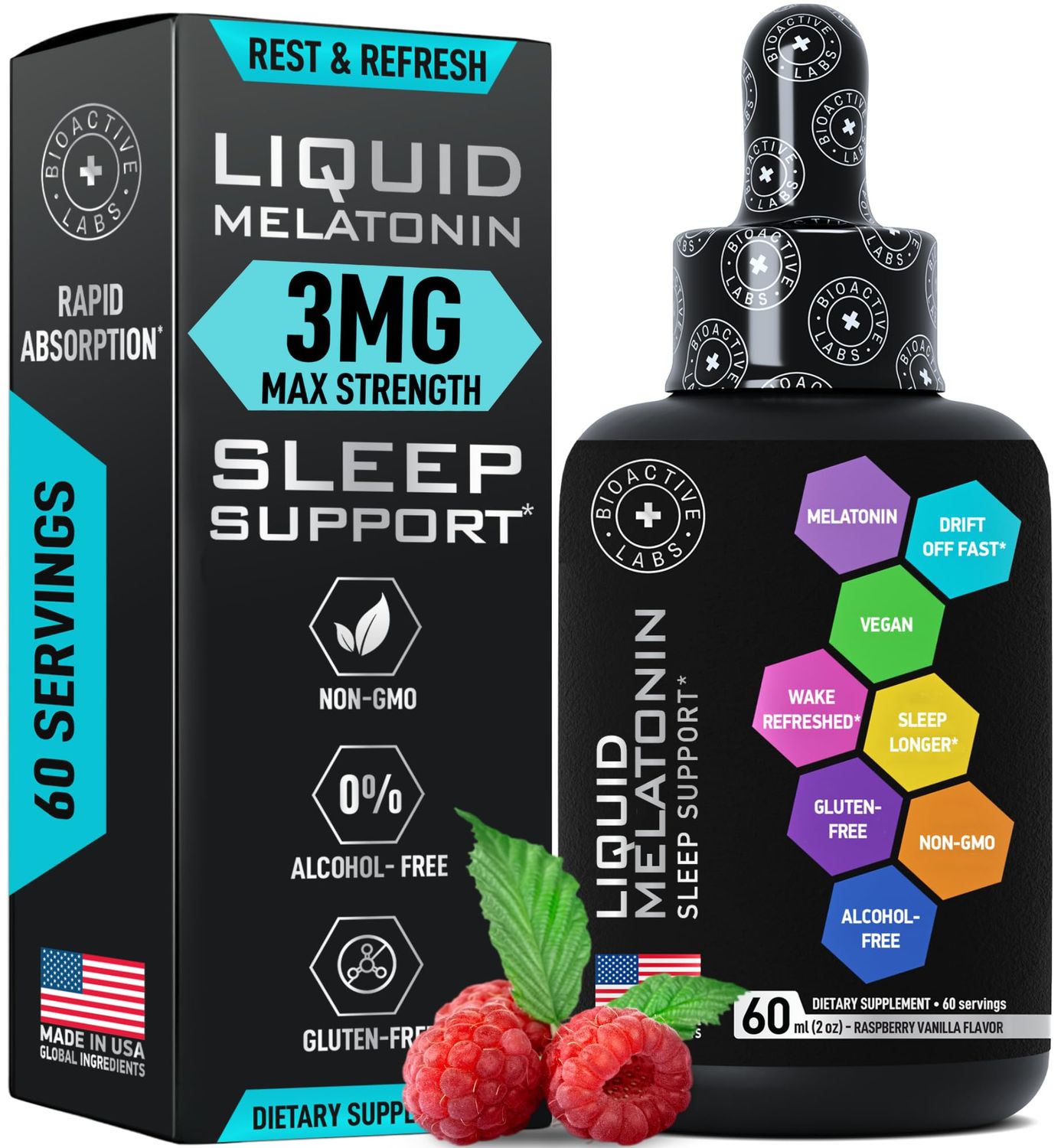 BIOACTIVE LABS Liquid Melatonin for Adults and Children - 3mg Extra Strength Sublingual Liquid Melatonin for Kids and Adults - Sleep Fast Liposomal Drops - Natural Raspberry Flavor Sleep Aid - 60ml