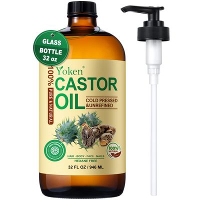 Yoken EWG Verified Castor Oil Glass Bottle 32 fl oz (with Pump) 100 Pure Castor Oil for Skin Face Hair, Cold Press, Hexane Free, Unrefined Caster oil for Pack Wrap Deep Nourish Body