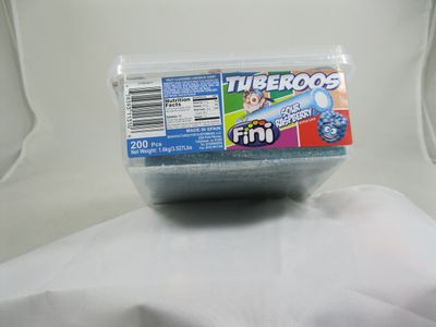 Tuberoos Blue Color White Fondant Filled Sour Licorice Sticks, Raspberry Artificially Flavor. - 200 Pieces Tub