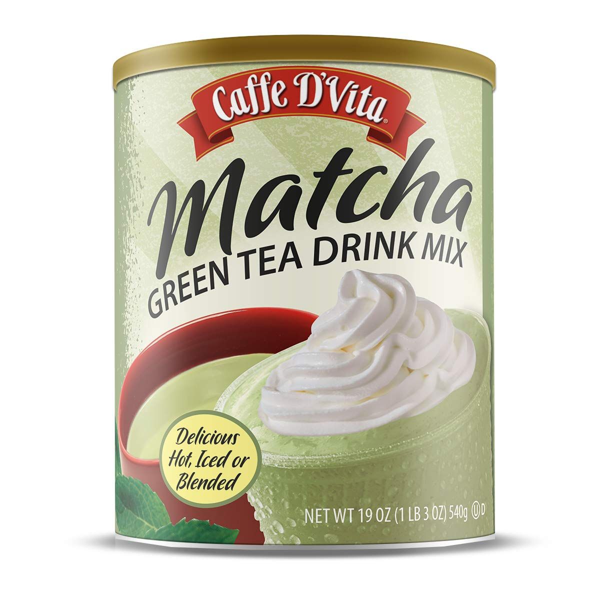 Caffe D&#39;Vita Matcha Green Tea Drink Mix - Japanese Matcha Green Tea Powder, Gluten Free, Low Fat, No Cholesterol, No Hydrogenated Oils, No Trans Fat, Kosher-Dairy, Green Matcha Tea Powder - 19 Oz Can