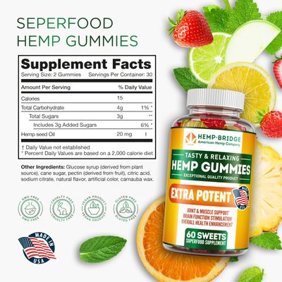 HEMPBRIDGE Hemp Gummies - Made in USA - Omega 3 Supplement with Hemp Oil - Fruity Gummies for Joints, Muscles, Relax, Calm, Sleep, Skin and Nails