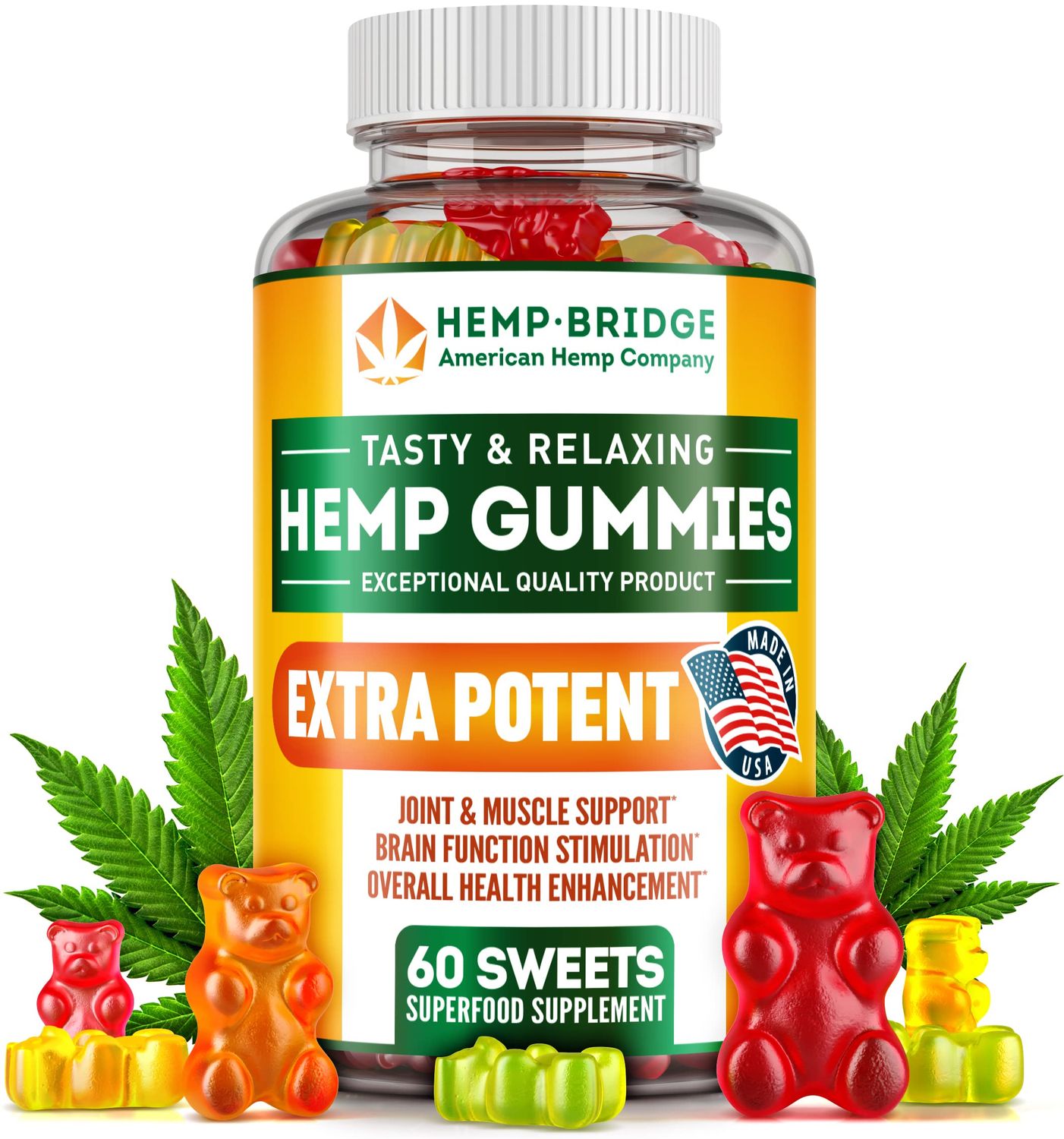 HEMPBRIDGE Hemp Gummies - Made in USA - Omega 3 Supplement with Hemp Oil - Fruity Gummies for Joints, Muscles, Relax, Calm, Sleep, Skin and Nails