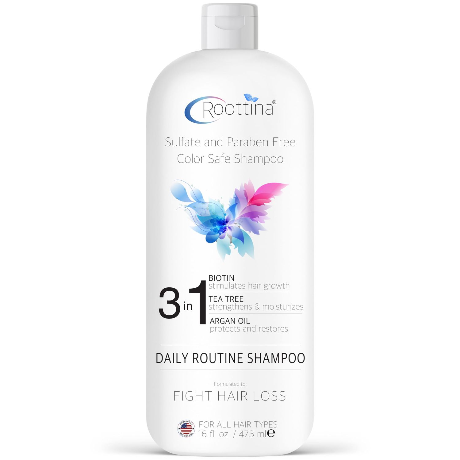 Fights Hair Loss, Roottina Daily Routine Shampoo, Strengthens and Fortifies, Promotes Hair Growth, Hair Thickening Shampoo with DHT Blockers, Coconut and Vanilla Scent, Made in USA (16 fl oz)