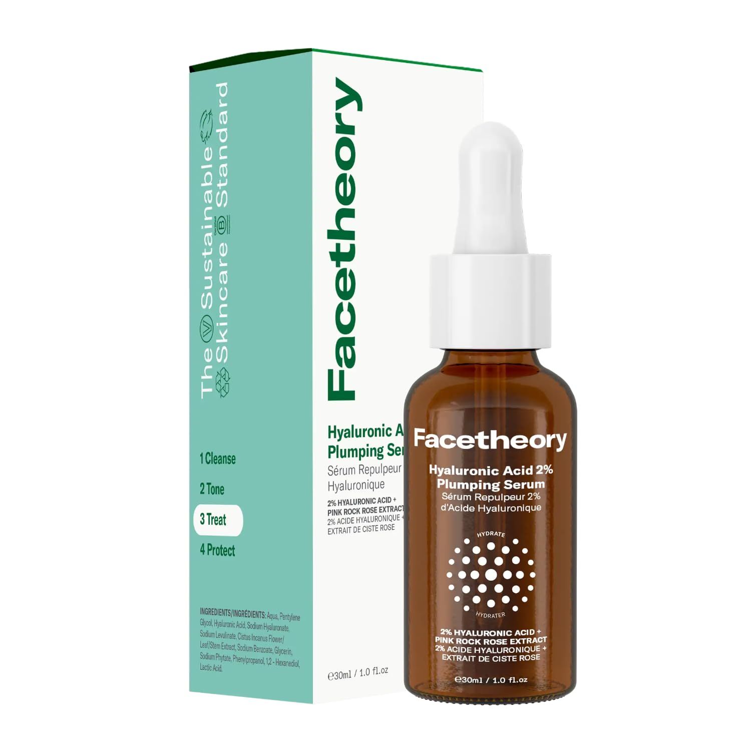 facetheory Hyaluronic Acid 2 Plumping Serum - Pink Rock Rose Extract - Lightweight Hydrating Serum for All Skin Types - Vegan Cruelty-Free (30 ml)