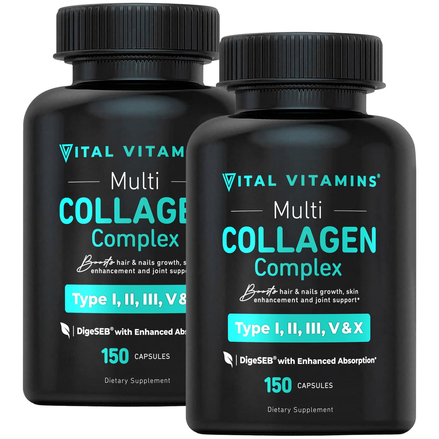 Vital Vitamins Multi Collagen Pills for Women Men (2-Pack) - Hydrolyzed Collagen Peptides - Type I, II, III, V, X - Grass Fed, Non-GMO
