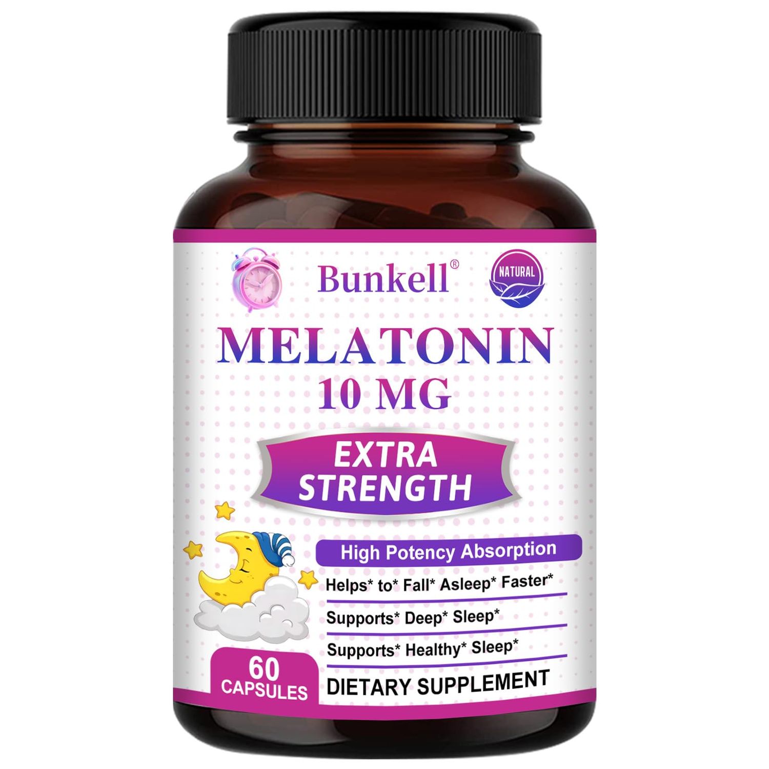 Bunkell Melatonin 10mg, Natural Extra Strength Formula, Supports Deep Restful Sleep, Sleep Aid for Adults, Non-GMO, Melatonin Sleep Supplement for Sleep Health Support, 60 Count
