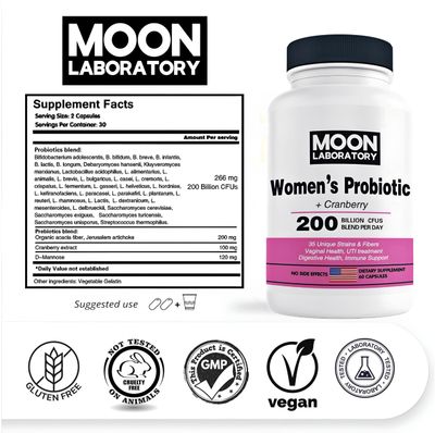 Women's Probiotic Prebiotic, 200 Billion CFUs, 35 Unique Strains Fibers. PH balance, Vaginal Health, UTI treatment, Digestione support, Immune boost. With Cranberry D-Mannose. 60 Capsules
