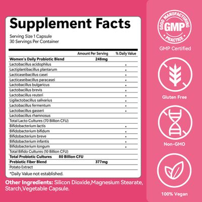 Women's Probiotics and Prebiotics 80 Billion CFUs, 16 Probiotic Strains, Probiotics for PH Balance, Supports Digestive Gut Health, 30 Capsules