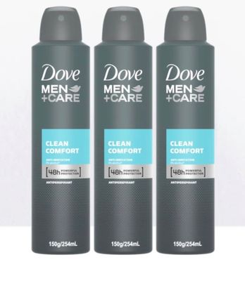 DOVE DEODORANT FOR MEN SPRAY CLEAN COMFORT ANTIPERSPIRANT 48h Powerful Protection, 0 Alcohol, 8.5oz 254ml, 3pack