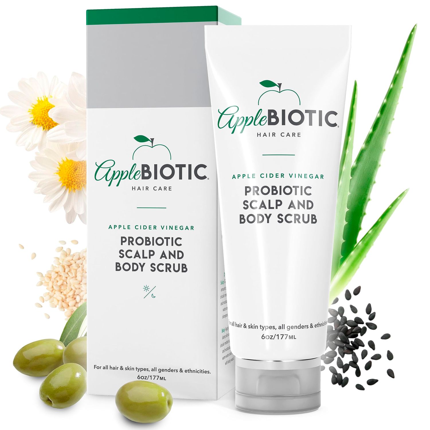 Applebiotic Scalp and Body Scrub - Body, Hair Face Scrub with Sugar, Green Tea Coconut Oil to clarify remove product buildup, 6 oz