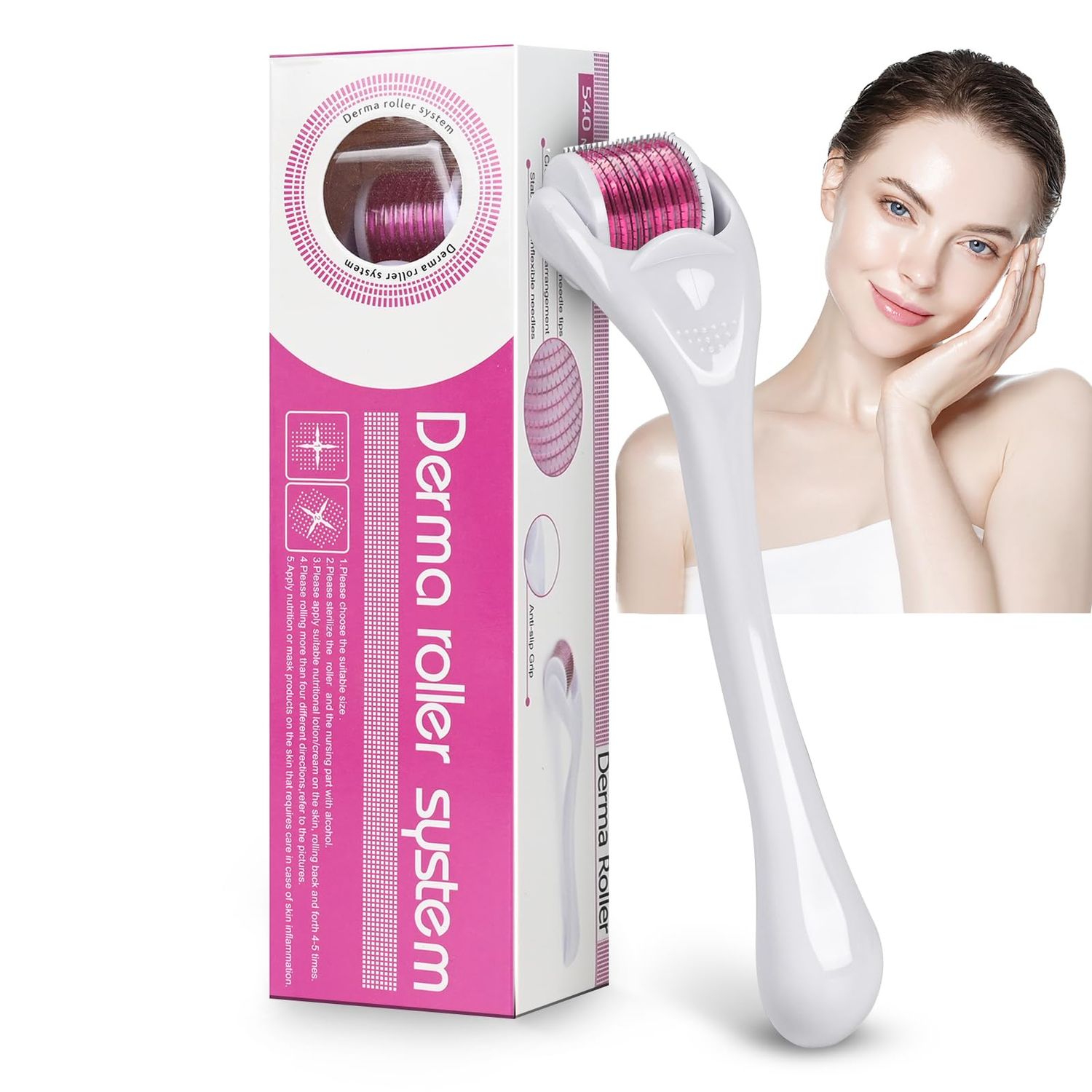 Titanium 540 Derma Roller for Beard Hair Skin Face 540 0.25mm (White Handle Purple Roller)