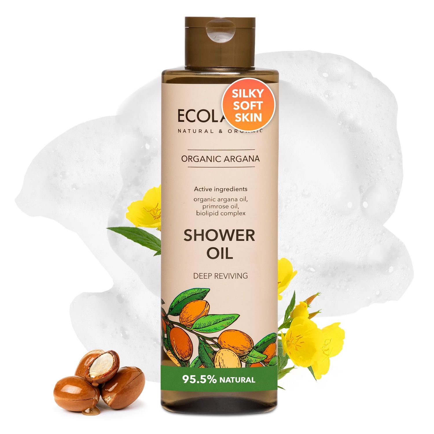 ECOLATIR Shower Oil with Organic Argan Primrose Oil - Moisturizing Body Wash for Women, 95.5 Natural, Vegan, for Sensitive Skin - Deep Hydration Silky Smooth Feel, 8.5 Fl Oz