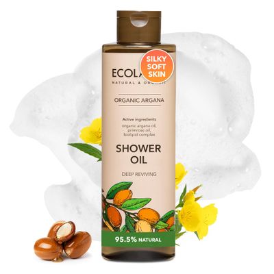 ECOLATIR Shower Oil with Organic Argan Primrose Oil - Moisturizing Body Wash for Women, 95.5 Natural, Vegan, for Sensitive Skin - Deep Hydration Silky Smooth Feel, 8.5 Fl Oz