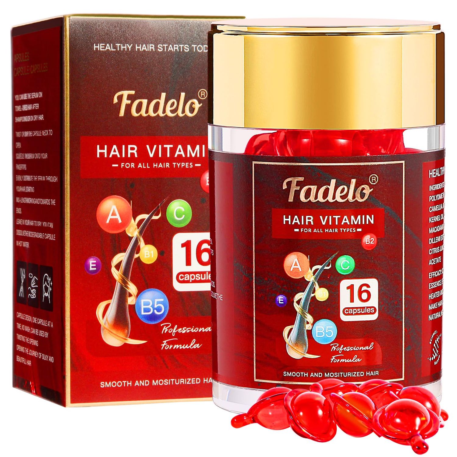 Fadelo Hair Vitamins Capsule - Rich in Vitamin A C E and Pro B5 - No Rinse Serum for Frizzy and Dry Damaged Hair - Enhanced ArganMacadamiaAvocado Oils