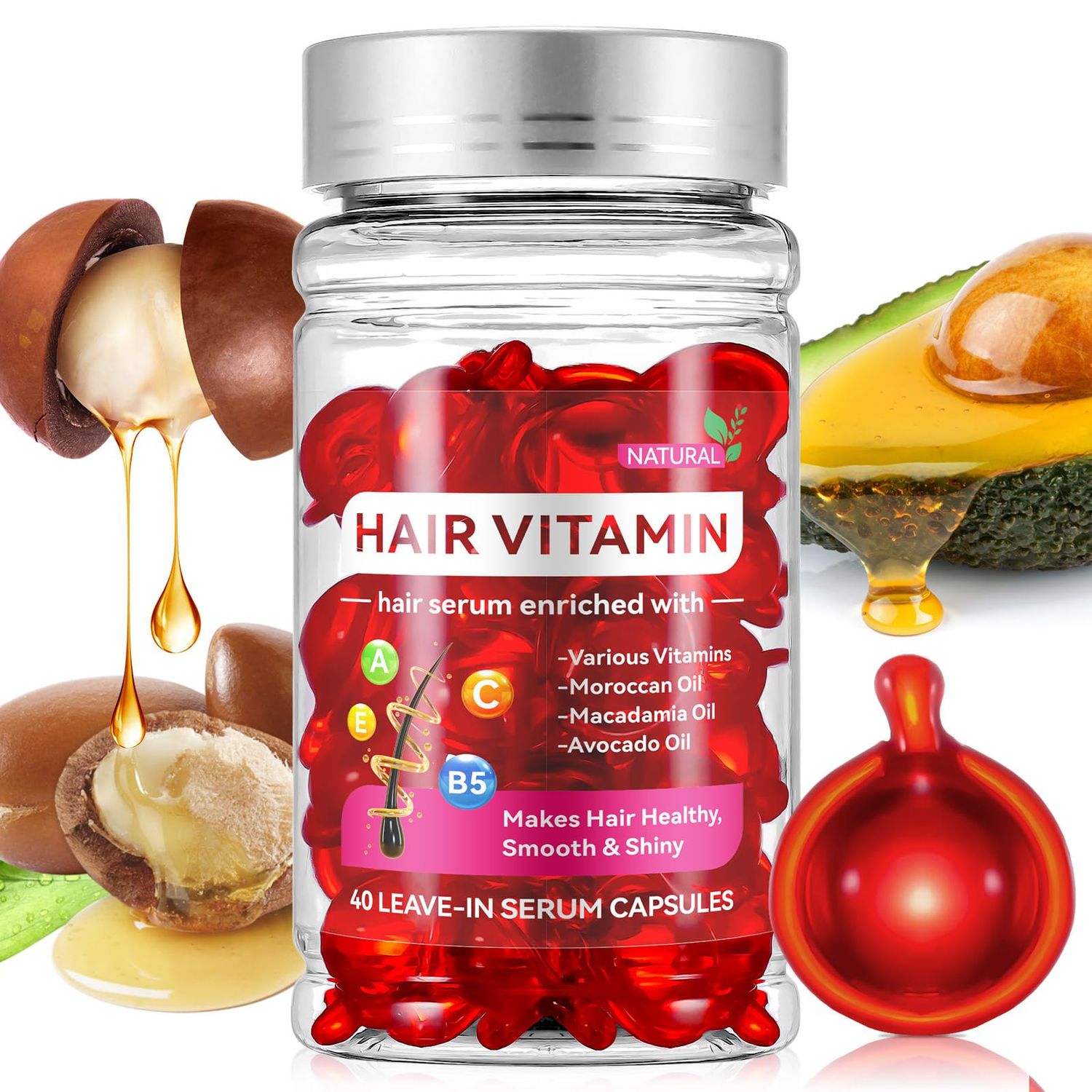 zoxpm Hair Vitamins Serum Capsule, Hair Treatment Serum Oils, No Need Rinse Hair Repair EssenceRich in Vitamins A C E Pro B5 Oil for Hair,Hair Serum for Frizzy and Dry Damaged Hair (40 Pcs), Red