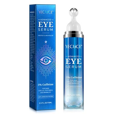 XINSZLIN Eye Serum for Dark Circles and Puffiness, Under Eye Serum with 5 Caffeine Anti Aging Smooths fine lines and wrinkle appearance, Eye Cream with 360 Eye Roller Massage Ball
