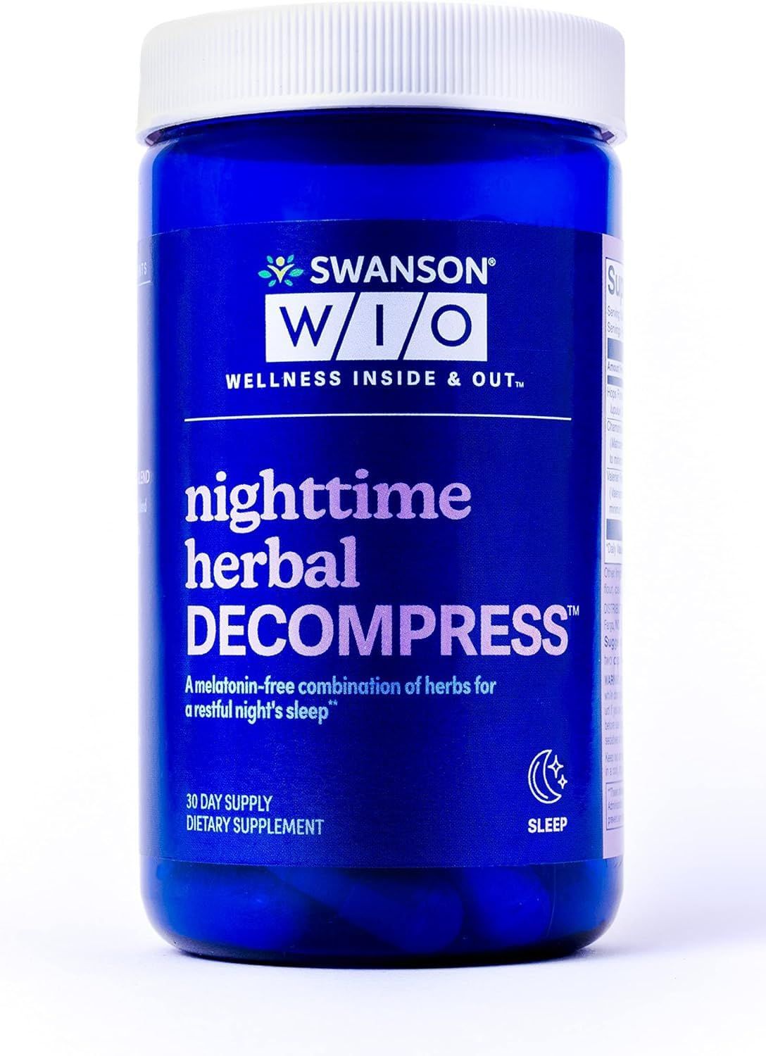 Swanson WIO Night time Herbal Decompress - No Melatonin, Chamomile, Valerian Root, Hops, Botanical, Non-Habit, 60 Capsules (30-Day Supply)