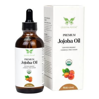 Celestial Psych USDA Certified Organic Jojoba Oil (4 Oz) 100 Pure Natural, Chemical-Free, Hexane-Free, Hair Growth, Scalp Care, Skin Hydration, Nails Natural Beauty Enhancement, Anti-Aging