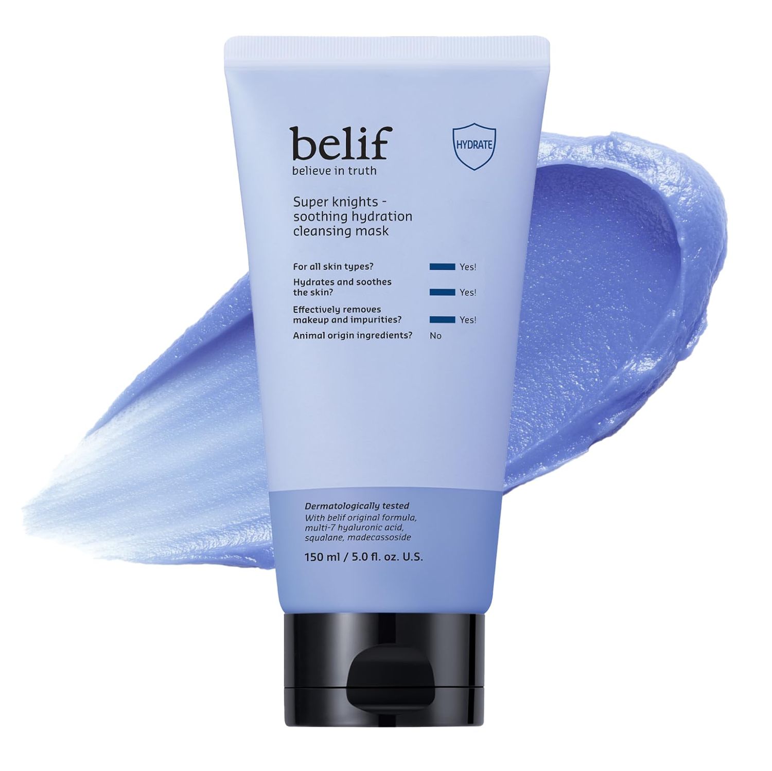 belif Super Knights - Soothing Hydration Cleansing Mask, 3-in-1 Facial Mask Cleanser with Hyaluronic Acid, Squalane, Madecassoside For Dry and Sensitive Skin Korean Skincare (5.0 fl. oz)