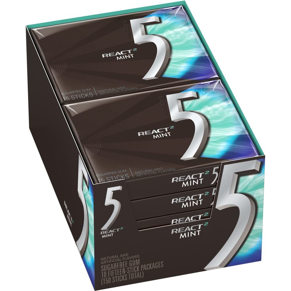 5 GUM React Mint Gum Sugar Free Chewing Gum Bulk, 15 Stick (10 Pack)
