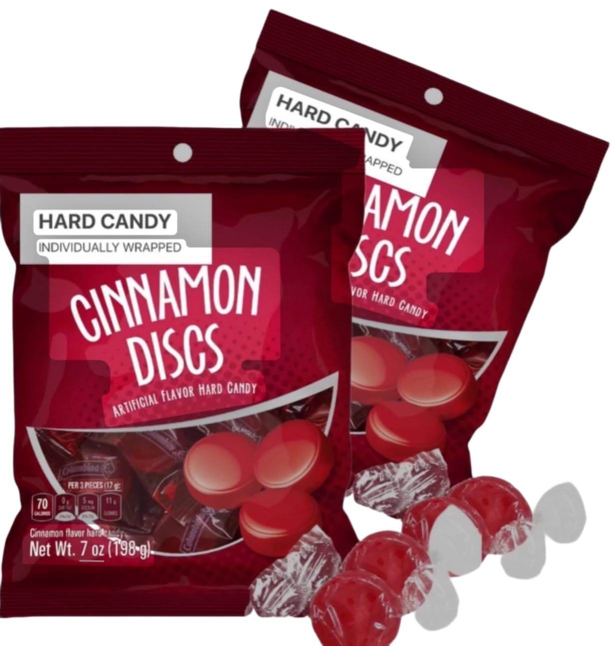 HARD CANDY CONFECTIONS Cinnamon Discs Hard Candy, Indivually Wrapped Old Fashioned Red Cinnamon Candy - 2 Pack (14 ounces) With Philcon 6 sticker