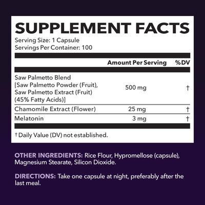 Saw Palmetto PM for Men with Melatonin 3mg - Night Time Prostate Health Supplement for Bladder and Sleep Support - Reduce Urinary Frequency - 100 Count - Vegan, Non-GMO Capsules - Over 3 Month Supply