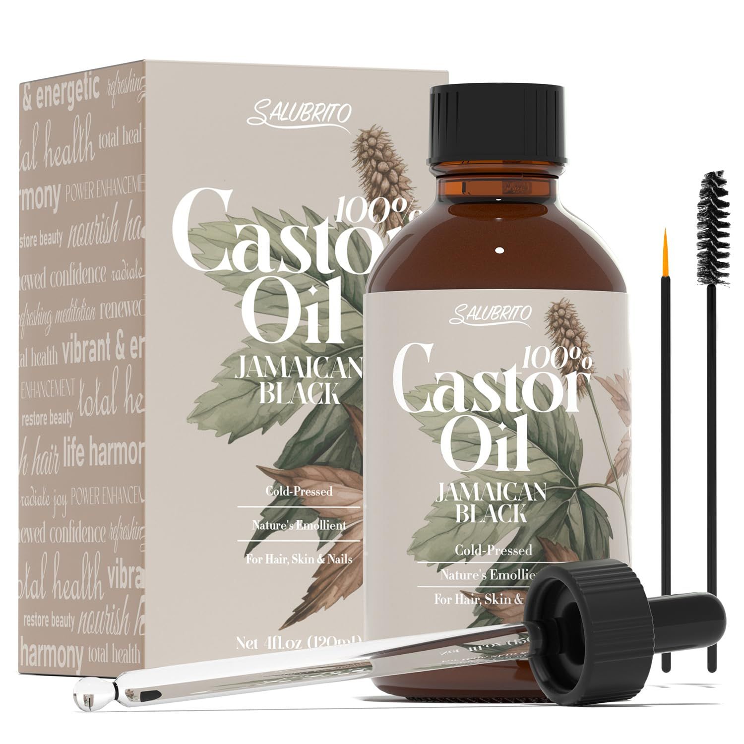 Salubrito 4fl.oz Organic Castor Oil for Lashes, Brows, Hair, and Skin - 100 Pure, Unrefined, Cold-Pressed Body Hair Oil with Lash and Brow Brush Set