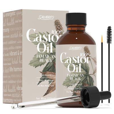 Salubrito 4fl.oz Organic Castor Oil for Lashes, Brows, Hair, and Skin - 100 Pure, Unrefined, Cold-Pressed Body Hair Oil with Lash and Brow Brush Set