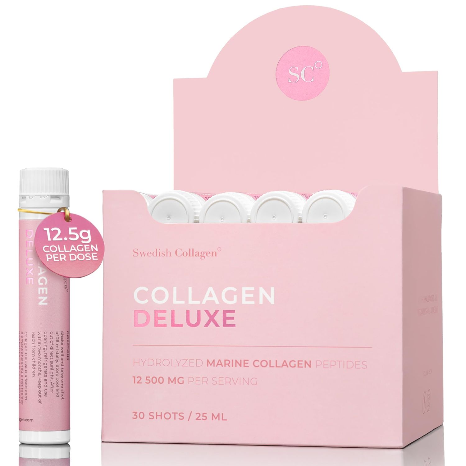 Swedish Collagen Deluxe 12,500 mg Hydrolyzed Marine Collagen Liquid Supplement - 30 x 25 ml Daily Shots Hyaluronic Acid, Biotin and Vitamin C for Healthy Hair, Skin, Nails and Joints Sugar-Free