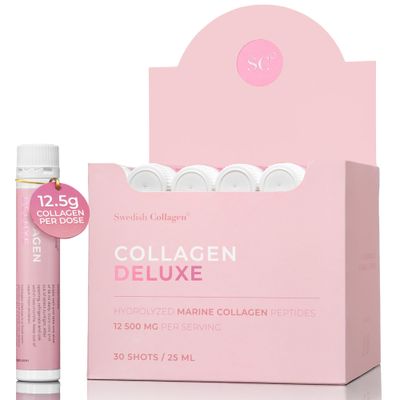 Swedish Collagen Deluxe 12,500 mg Hydrolyzed Marine Collagen Liquid Supplement - 30 x 25 ml Daily Shots Hyaluronic Acid, Biotin and Vitamin C for Healthy Hair, Skin, Nails and Joints Sugar-Free