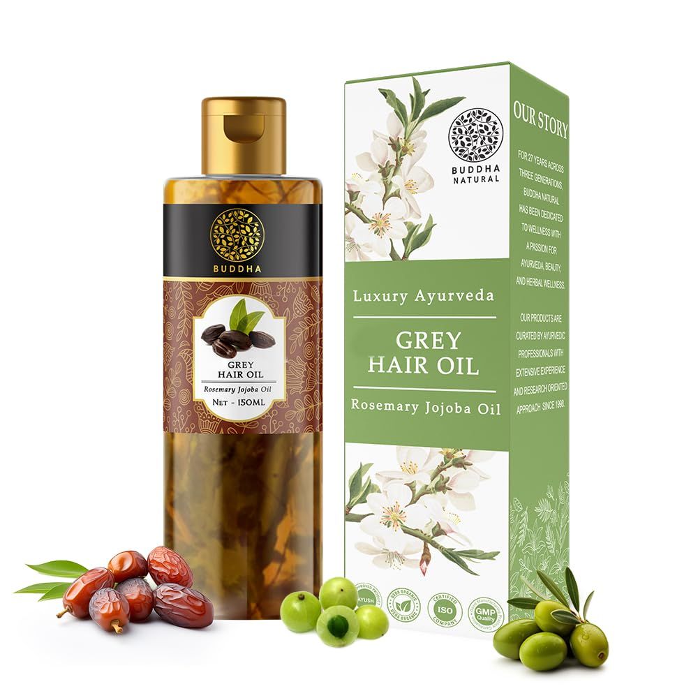 Buddha Natural Hair Oil for Greys Whites (150 ml, 5.1 Oz) - Restore Natural Black Color of Hair With Unique Herbs oil blend For Men and Women - 100 Ayurvedic - No Mineral Oil