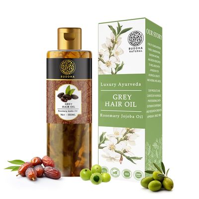 Buddha Natural Hair Oil for Greys Whites (150 ml, 5.1 Oz) - Restore Natural Black Color of Hair With Unique Herbs oil blend For Men and Women - 100 Ayurvedic - No Mineral Oil