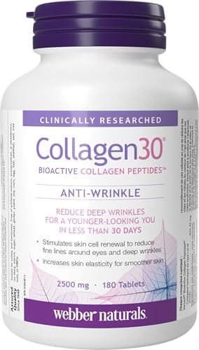 Webber Naturals Collagen30 Anti-Wrinkle, 2,500mg of Bioactive Collagen Peptides Per Serving, 180 Tablets, Helps Reduce Deep Wrinkles, Fine Lines Stimulates Skin Cells, Non GMO, Dairy Gluten Free
