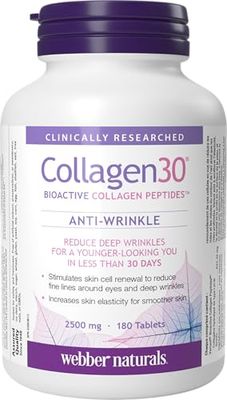 Webber Naturals Collagen30 Anti-Wrinkle, 2,500mg of Bioactive Collagen Peptides Per Serving, 180 Tablets, Helps Reduce Deep Wrinkles, Fine Lines Stimulates Skin Cells, Non GMO, Dairy Gluten Free