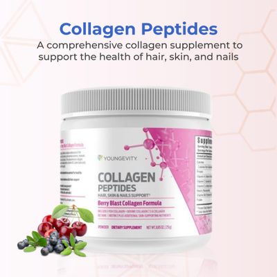 Youngevity Collagen Peptides Powder - Hair, Skin Nail Support with Hydrolyzed Type I II, Biotin, Vitamin B12, Antioxidants Alpha Lipoic Acid - Joint Bone Health - Berry Flavor - 251g