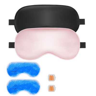 Cavoilu Sleep mask wCooling Gel Eye Mask, 2Packs Heated Eye Mask for Sleeping, Reusable Ice Silk Blackout Eye Cover Sleeping Mask for Travel, Home, Office, Yoga, Stocking Stuffers (BlackPink)