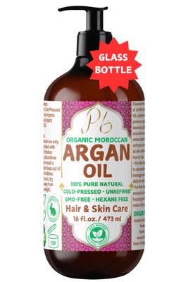 Pomberries Organic Moroccan Argan Oil - 100 Pure Argan Oil, Cold Pressed, Extra Virgin, Unrefined, for Hair, Face, Skin, Scalp Body, Hair Treatment, Glass Bottle with Pump 16 fl oz