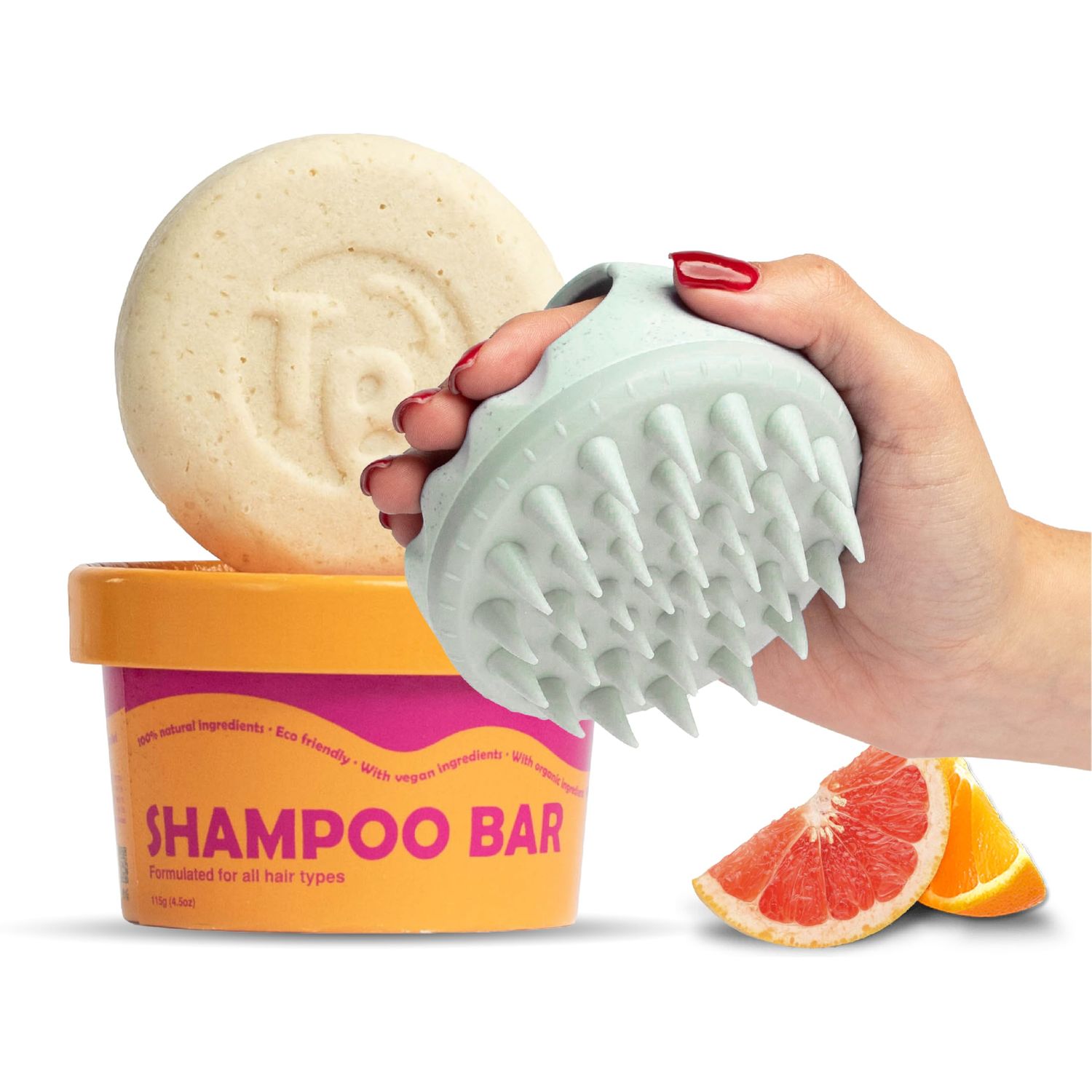 Tree Bottle Hair Care Bundle - Organic Citrus Shampoo Bar Sustainable Scalp Massager - Gentle Cleanse, Frizz Control, Exfoliation, and Circulation Boost for All Hair Types - Travel-Friendly