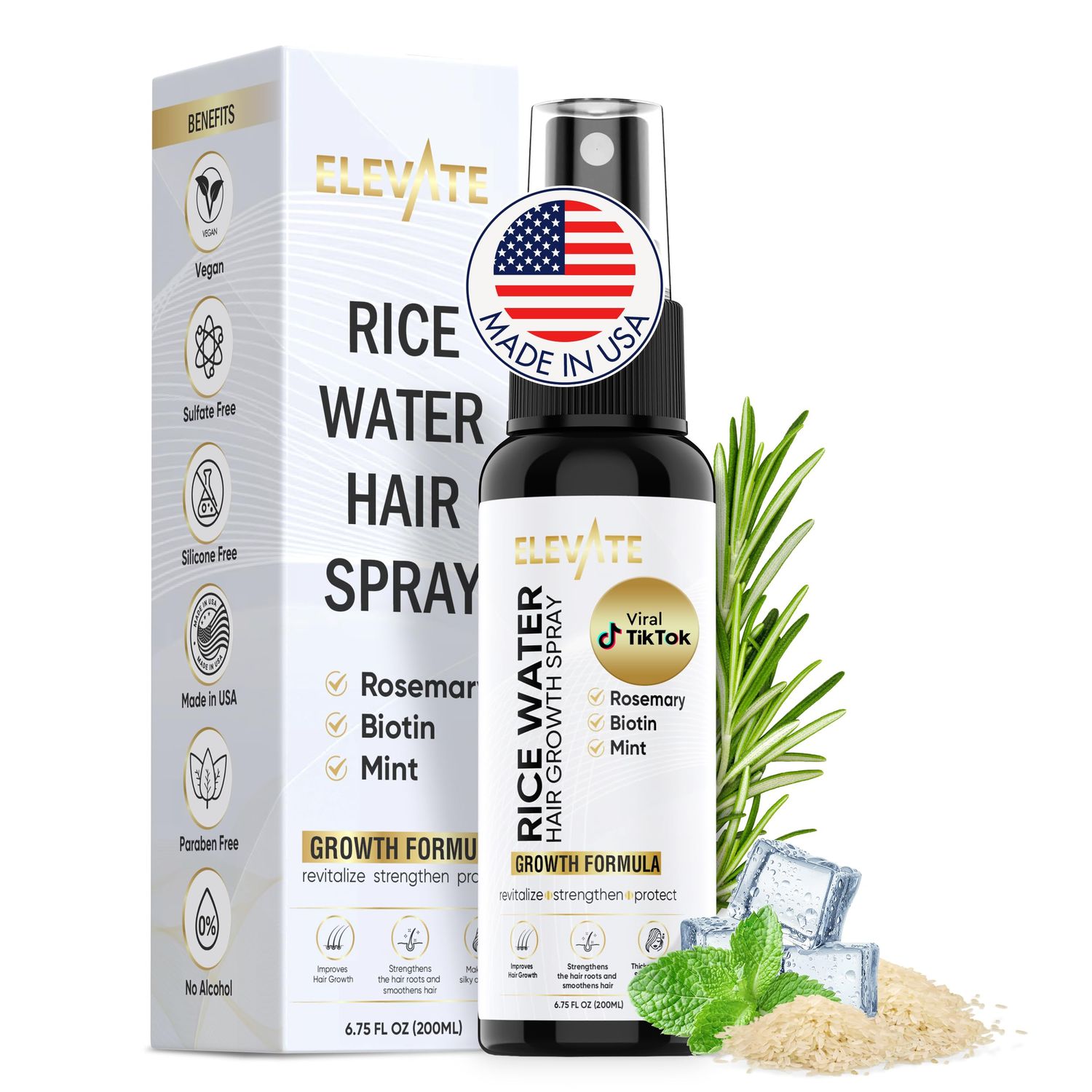 Elevate Fermented Rice Water for Hair Growth - Rice Water Brewed Rosemary Spray Infused with Biotin - Vegan Growth Serum Mist - Strengthen Moisturize Thicken Naturally Hair Loss Treatment Women