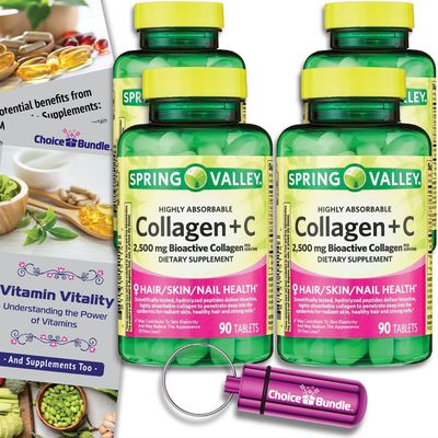 Choice Bundle Spring Valley Highly Absorbable Collagen Vitamin C Tablets 2,500 mg 90 Ct 4 pk (360 Total) Vitamin Guide Pill Container (6 Items)!